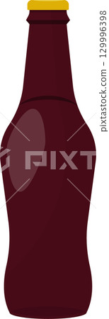 A burgundy glass bottle with a rounded body and a gold cap, viewed from a centered position. 129996398