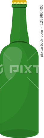 A green glass bottle stands with a yellow bottle cap, ready for use or reuse. Clean design. A green glass bottle stands with a yellow bottle cap, ready for use or reuse. Clean design. 129996406