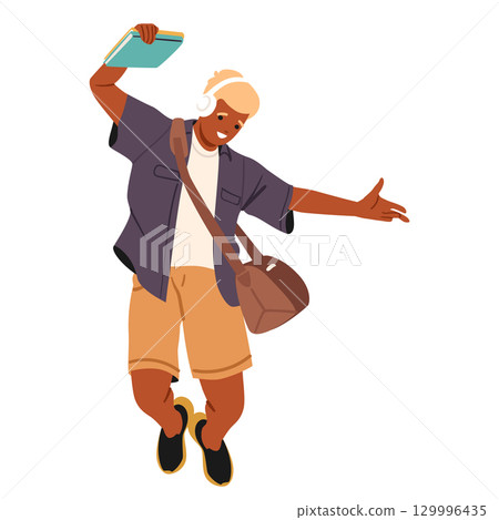 Trendy fashion teenage guy college student cartoon character wearing headphones jumping in air 129996435