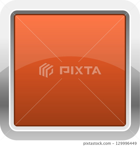 Orange square button with glossy finish, encased in a silver frame. Digital interface element. Orange square button with glossy finish, encased in a silver frame. Digital interface element. 129996449