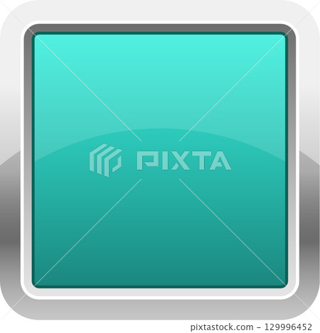 A square button is featured with a teal color, and a metallic border giving it a glossy look. 129996452
