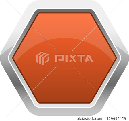 Metallic hexagonal button in orange and silver, suitable for web design and user interfaces. 129996459