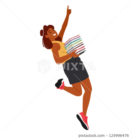 Active excited teenage girl student cartoon character jumping in air encouraging back to school Active excited teenage girl student cartoon character jumping in air encouraging back to school 129996476
