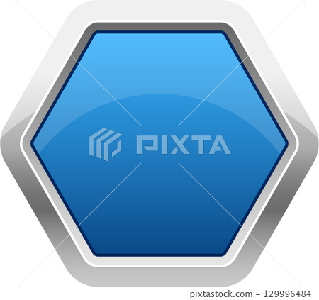 Glossy blue hexagon with a silver border and slight shadow on a black background. Elegant geometry. Glossy blue hexagon with a silver border and slight shadow on a black background. Elegant geometry. 129996484
