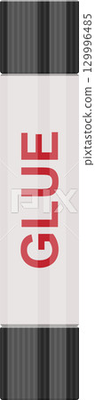 A rectangular container of glue sits vertically with red text and grey striped ends. Simple design. A rectangular container of glue sits vertically with red text and grey striped ends. Simple design. 129996485