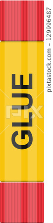 Cartoon illustration of a closed glue stick with vertical red stripes on the cap and base. 129996487