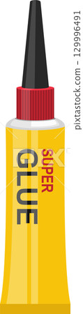 A yellow tube of adhesive with black cap and a red nozzle with the word "glue" written. A yellow tube of adhesive with black cap and a red nozzle with the word "glue" written. 129996491