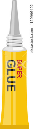 Illustration of a squeeze tube of adhesive, gray nozzle, and yellow body with bold lettering. 129996492