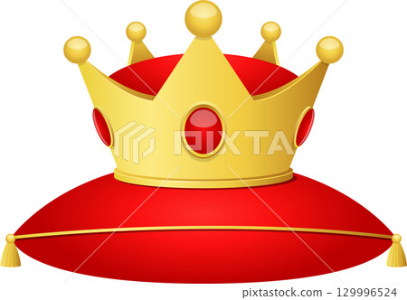 Ornate golden crown with red jewels resting on a luxurious red pillow with golden tassels. 129996524