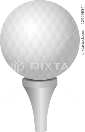 A white dimpled sphere sits on a tee, ready for the next golf game in the sunny outdoors. A white dimpled sphere sits on a tee, ready for the next golf game in the sunny outdoors. 129996544