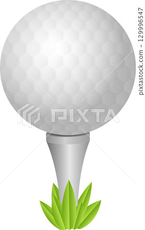 A white golf ball with a geometric texture is perched on a silver tee surrounded by green leaves. 129996547