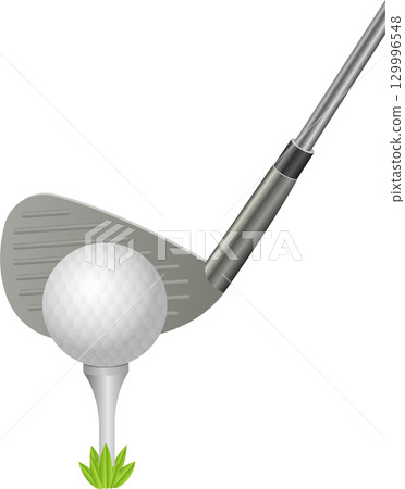 Golf ball on tee ready to be hit with iron for tee off in preparation for a swing. 129996548