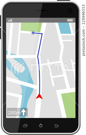 Smartphone displaying a map application with a route highlighted, indicating navigation assistance. Smartphone displaying a map application with a route highlighted, indicating navigation assistance. 129996553