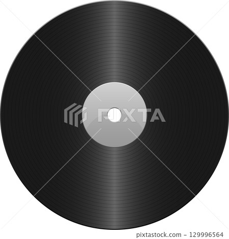 Shiny black vinyl record with light gray center and spindle hole, conveying musical nostalgia. 129996564