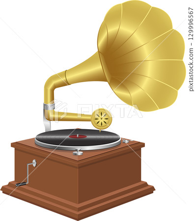 Vintage horn gramophone on wood base with crank, gold colored horn, classic record player 129996567