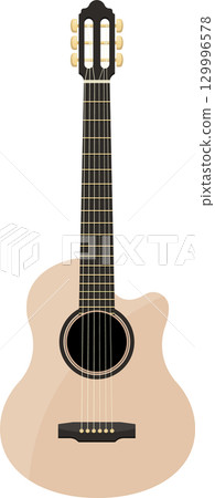 Illustration of an acoustic guitar with a light wood finish and black headstock and strings. 129996578