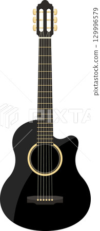 Acoustic guitar close-up with strings, fretboard, headstock and sound hole, set against black. Acoustic guitar close-up with strings, fretboard, headstock and sound hole, set against black. 129996579