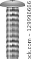 A gray metal screw with a flat, rounded head and threaded shaft, isolated against a black background. 129996666