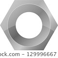Hexagonal Nut: A shiny silver, mechanical fastener with a central black void. Industrial design. 129996667