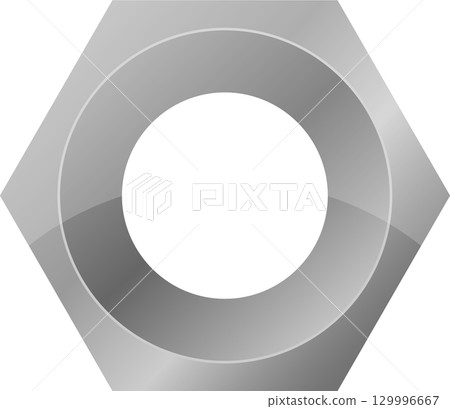 Hexagonal Nut: A shiny silver, mechanical fastener with a central black void. Industrial design. 129996667