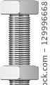 A vector graphic shows a silver colored bolt with nuts, set against a stark black backdrop. 129996668