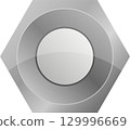 Illustration of a metallic fastener featuring a hexagonal head and a central circular recess. 129996669