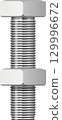Detailed full shot shows a gray fastener with parallel threads and two hexagonal nuts. 129996672