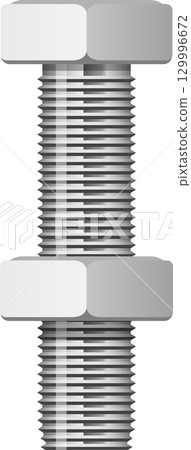 Detailed full shot shows a gray fastener with parallel threads and two hexagonal nuts. Detailed full shot shows a gray fastener with parallel threads and two hexagonal nuts. 129996672