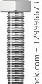 A shiny metal bolt with a hexagonal head and threaded shaft stands tall against black backdrop. 129996673