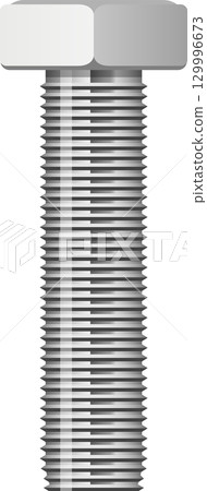 A shiny metal bolt with a hexagonal head and threaded shaft stands tall against black backdrop. 129996673