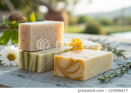 soap bars with fresh flowers and herbs 129996677