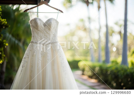 beautiful wedding dress hanging on the hanger 129996680