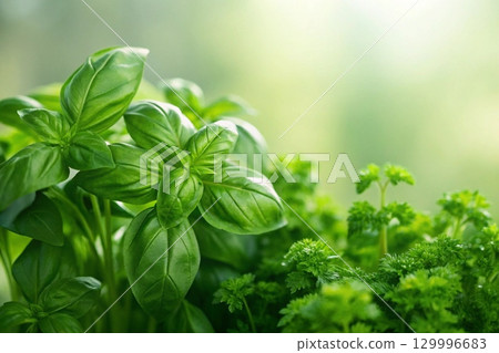 green leaves of fbasil in the garden 129996683
