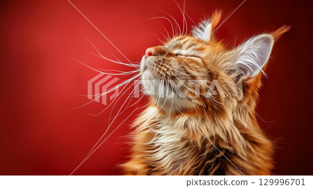 Close-up of a fluffy orange cat with long whiskers and closed eyes on a bright red background, capturing a peaceful moment 129996701