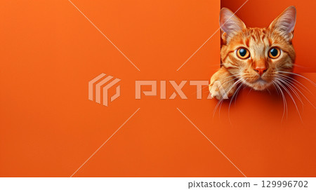 Vibrant orange backdrop with a whiskered ginger cat peeking out of a hole in the wall and plenty of empty space 129996702