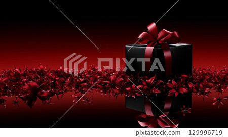 Elegant black and red banner with gift box and luxury mirror reflective surface 129996719