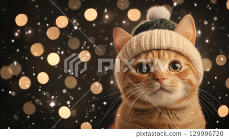 Charming portrait of orange cat in winter hat on festive bokeh background with golden lights on black 129996720