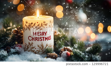 Festive candle with red "Merry Christmas" embroidery, nestled among pine branches and snow 129996721