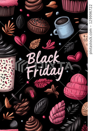 Black friday themed poster with a variety of cupcakes and coffee, on a black backdrop 129996722