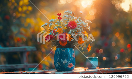 Colorful bouquet of flowers in blue vase on weathered wooden table against soft focused garden background with calming sunlight. Beautiful picture of country life 129996733