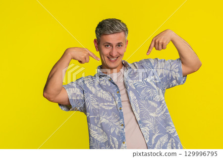 Adult man pointing at himself with confident expression showing choose me gesture self-presentation 129996795