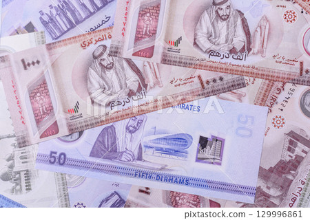 UAE money, dirham, paper banknotes, cash. Emirates money 129996861