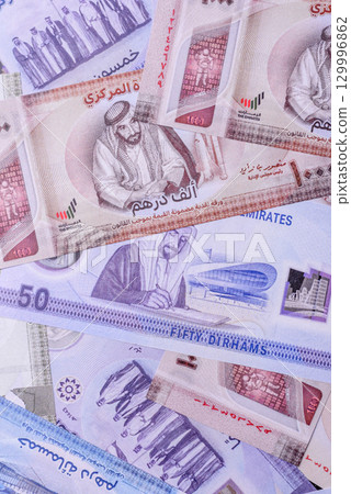 UAE money, dirham, paper banknotes, cash. Emirates money 129996862