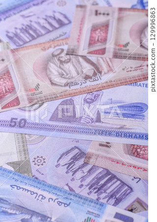 UAE money, dirham, paper banknotes, cash. Emirates money UAE money, dirham, paper banknotes, cash. Emirates money 129996863