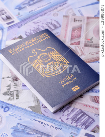 OAE passport for travelling, flying and doing business. Arabic document, id 129996873