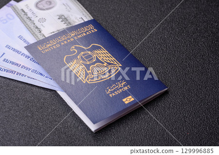 OAE passport for travelling, flying and doing business. Arabic document, id 129996885