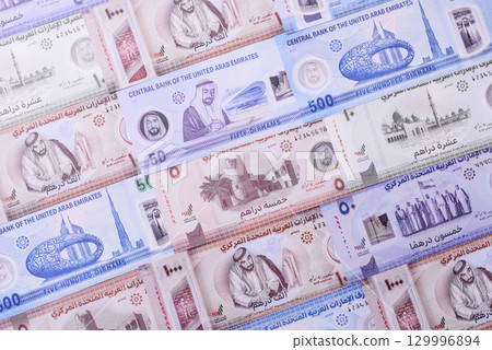 UAE money, dirham, paper banknotes, cash. Emirates money 129996894