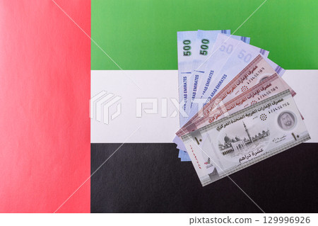 UAE money, dirham, paper banknotes, cash. Emirates money 129996926