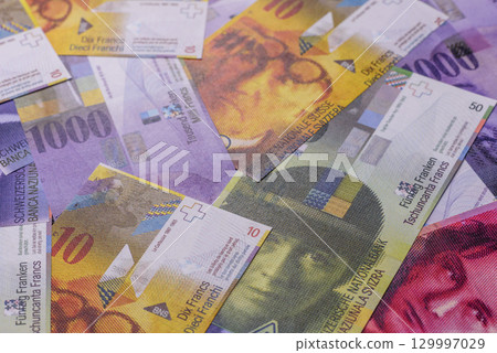 Swiss money, franc, paper banknotes, cash. Switzerland money 129997029