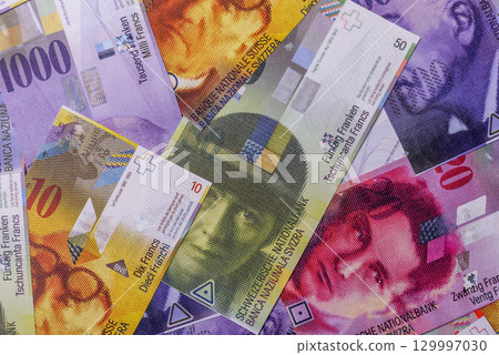 Swiss money, franc, paper banknotes, cash. Switzerland money Swiss money, franc, paper banknotes, cash. Switzerland money 129997030